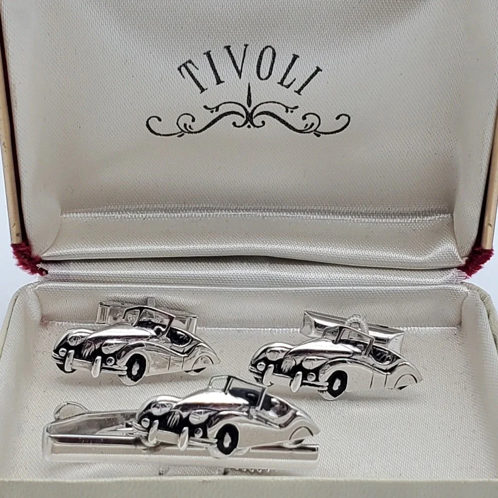 Swank Convertible Cufflinks & Tie Clip Silver Tone Tivoli Bar Clasp Vintage Auto